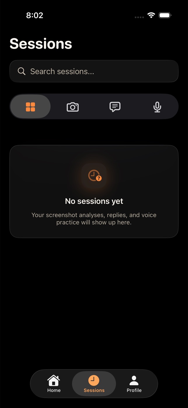 Flinzo Sessions screen with search and filters