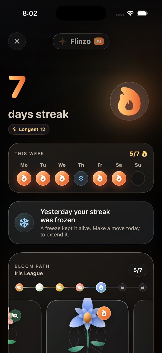Flinzo seven-day streak with completed flames and a frozen day